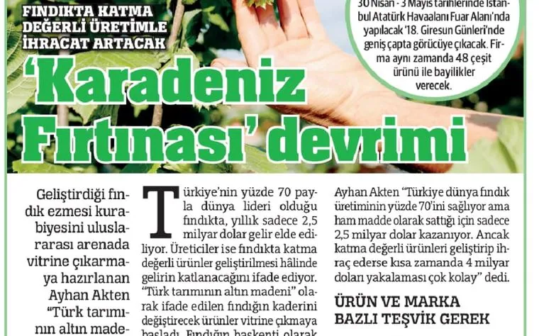 Fındıkta katma değerli üretimle ihracat artacak: 'Karadeniz Fırtınası' devrimi